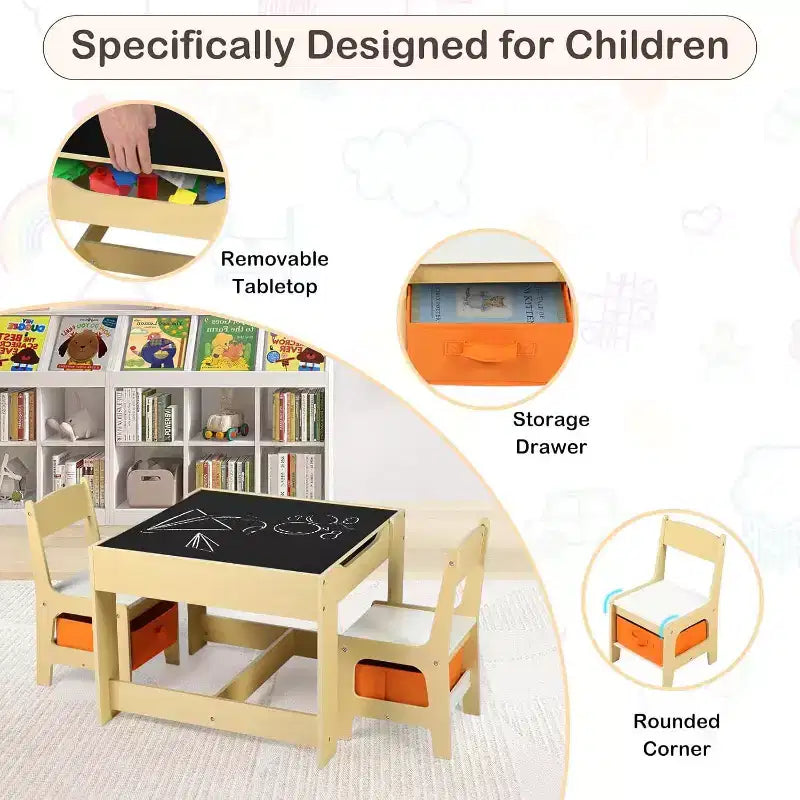 Kinder King 3-in-1 Kids Table & 2 Chairs Set with Storage, Removable Top & Blackboard, for Art, Crafts, Reading