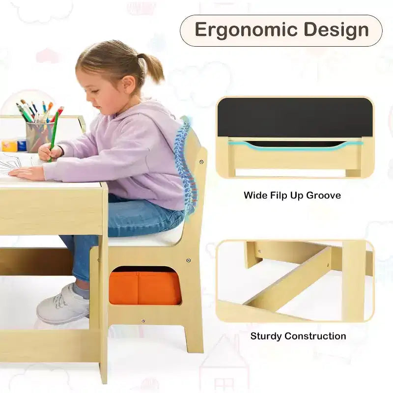 Kinder King 3-in-1 Kids Table & 2 Chairs Set with Storage, Removable Top & Blackboard, for Art, Crafts, Reading