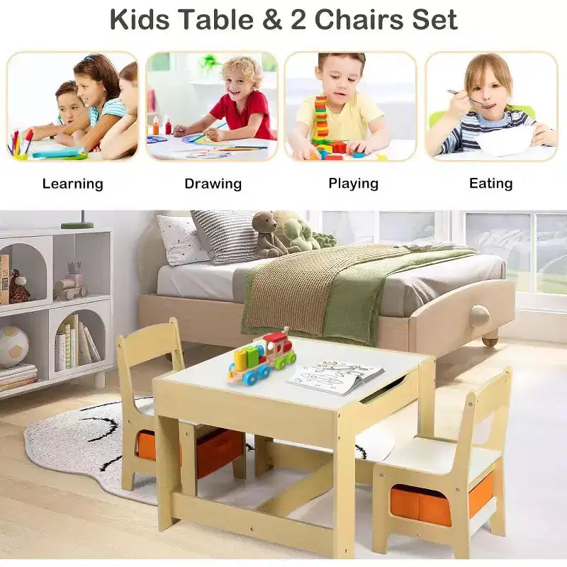 Kinder King 3-in-1 Kids Table & 2 Chairs Set with Storage, Removable Top & Blackboard, for Art, Crafts, Reading