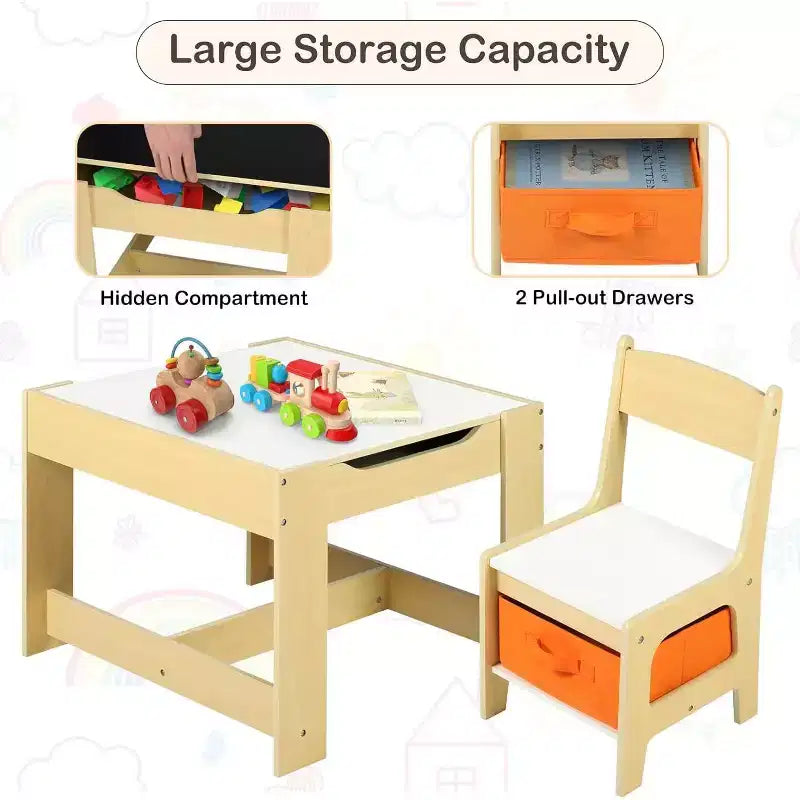 Kinder King 3-in-1 Kids Table & 2 Chairs Set with Storage, Removable Top & Blackboard, for Art, Crafts, Reading