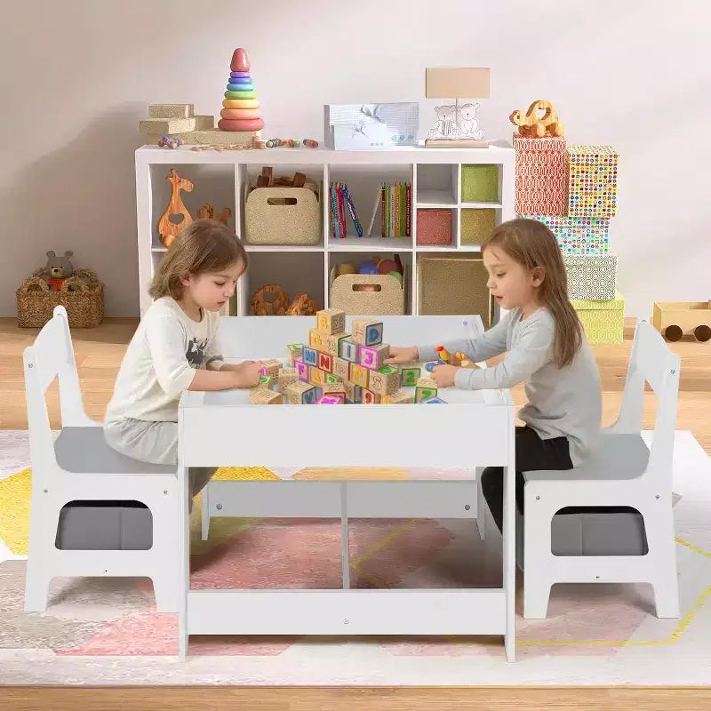 Kinder King 3-in-1 Kids Table & 2 Chairs Set with Storage, Removable Top & Blackboard, for Art, Crafts, Reading
