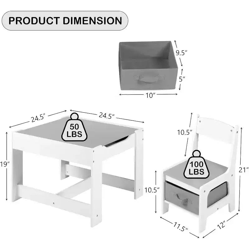 Kinder King 3-in-1 Kids Table & 2 Chairs Set with Storage, Removable Top & Blackboard, for Art, Crafts, Reading