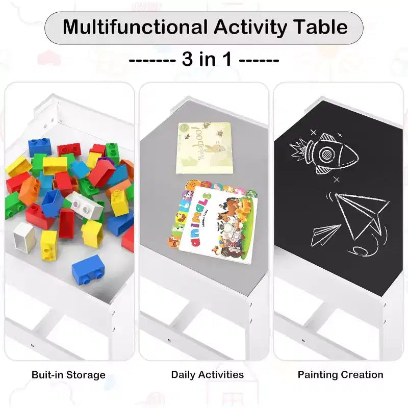 Kinder King 3-in-1 Kids Table & 2 Chairs Set with Storage, Removable Top & Blackboard, for Art, Crafts, Reading