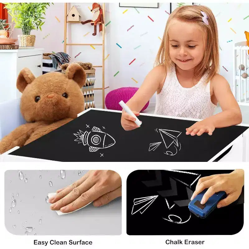 Kinder King 3-in-1 Kids Table & 2 Chairs Set with Storage, Removable Top & Blackboard, for Art, Crafts, Reading
