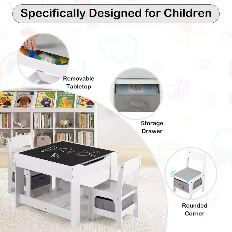 Kinder King 3-in-1 Kids Table & 2 Chairs Set with Storage, Removable Top & Blackboard, for Art, Crafts, Reading