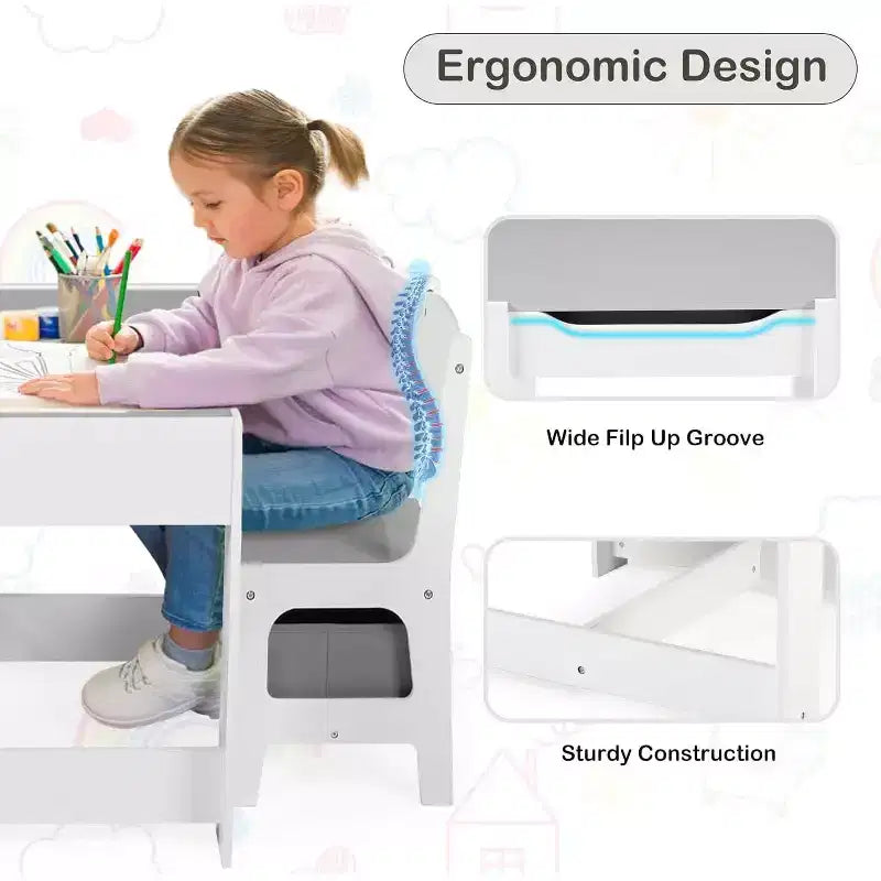 Kinder King 3-in-1 Kids Table & 2 Chairs Set with Storage, Removable Top & Blackboard, for Art, Crafts, Reading