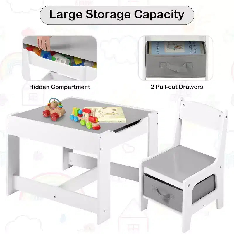 Kinder King 3-in-1 Kids Table & 2 Chairs Set with Storage, Removable Top & Blackboard, for Art, Crafts, Reading