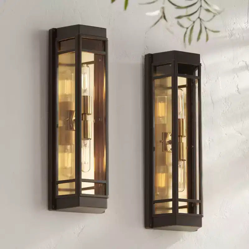 John Timberland Catie 21 High Modern 2-Light Outdoor Wall Light Fixture Mount Porch House Set of 2 Sand Bronze and Brass Finish Aluminum Glass Shade