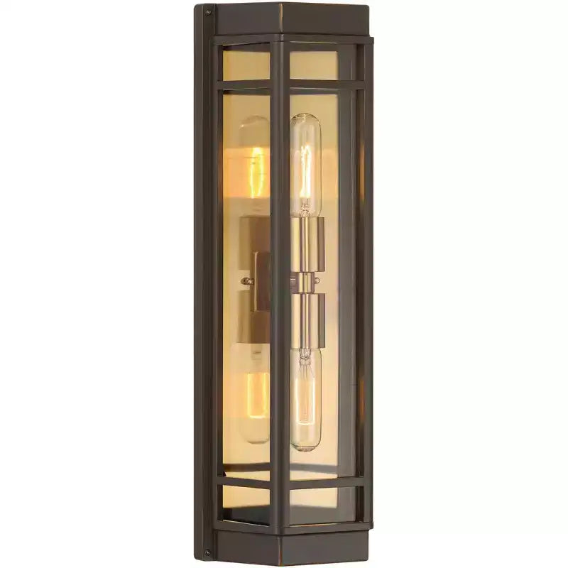 John Timberland Catie 21 High Modern 2-Light Outdoor Wall Light Fixture Mount Porch House Set of 2 Sand Bronze and Brass Finish Aluminum Glass Shade