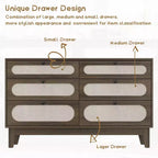 6 Drawer Wood Dresser with Charging Station, Rattan Chest of Dressers for Bedroom, Living Room
