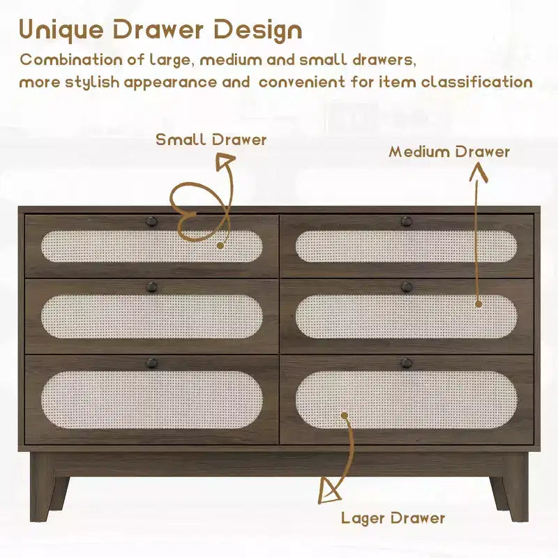 6 Drawer Wood Dresser with Charging Station, Rattan Chest of Dressers for Bedroom, Living Room