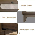 6 Drawer Wood Dresser with Charging Station, Rattan Chest of Dressers for Bedroom, Living Room