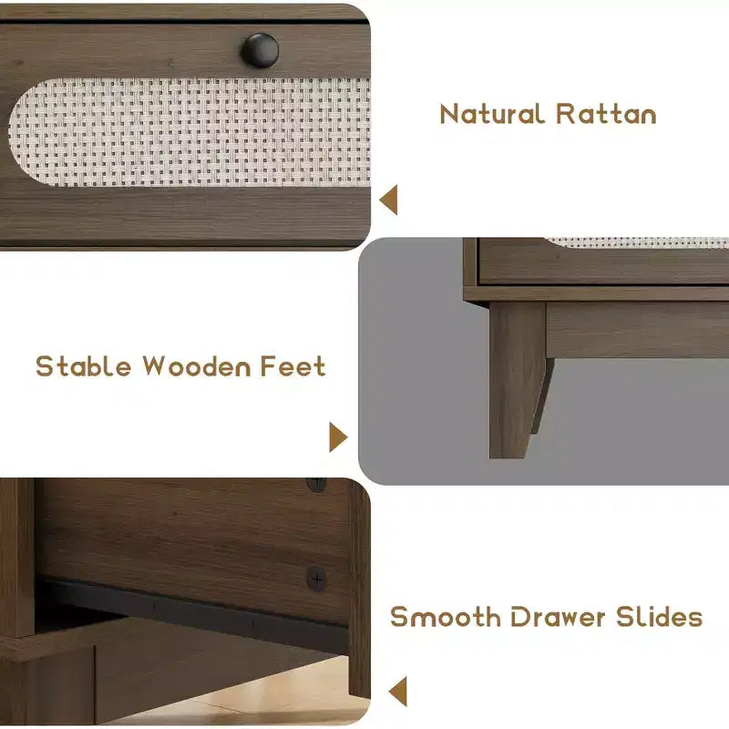 6 Drawer Wood Dresser with Charging Station, Rattan Chest of Dressers for Bedroom, Living Room