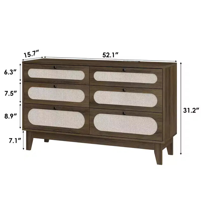 6 Drawer Wood Dresser with Charging Station, Rattan Chest of Dressers for Bedroom, Living Room