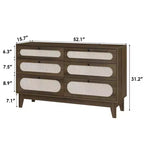 6 Drawer Wood Dresser with Charging Station, Rattan Chest of Dressers for Bedroom, Living Room