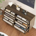 6 Drawer Wood Dresser with Charging Station, Rattan Chest of Dressers for Bedroom, Living Room