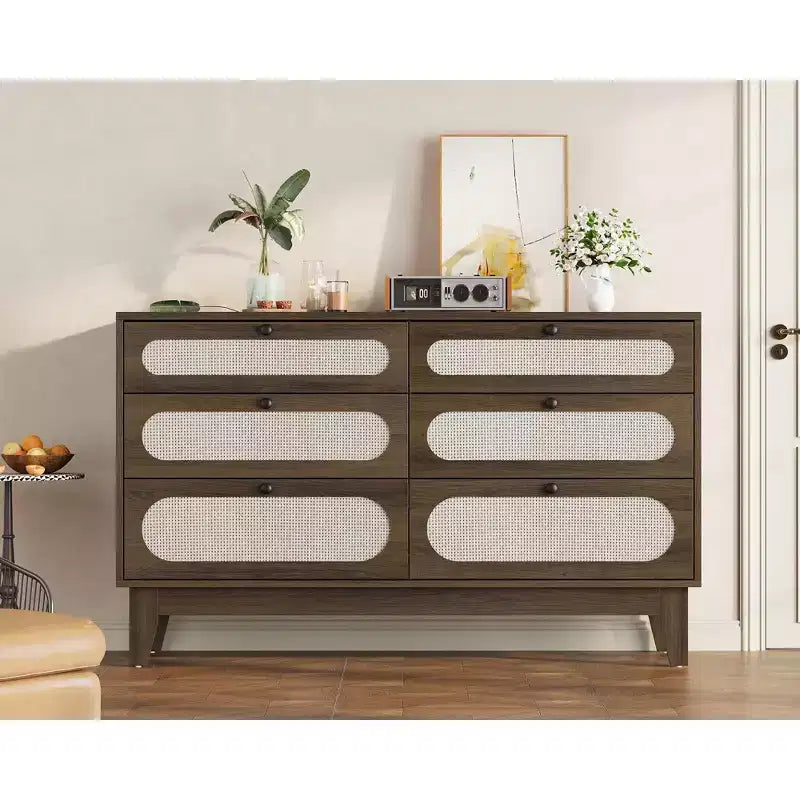 6 Drawer Wood Dresser with Charging Station, Rattan Chest of Dressers for Bedroom, Living Room