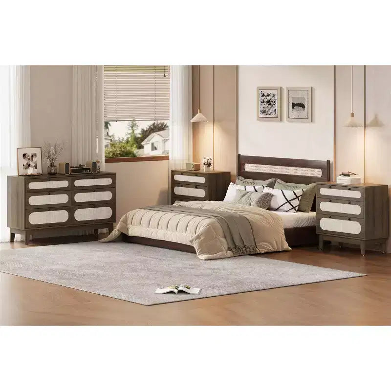 6 Drawer Wood Dresser with Charging Station, Rattan Chest of Dressers for Bedroom, Living Room