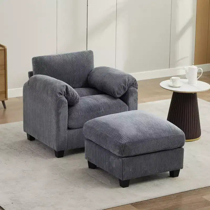 HYLEORY Single Armchair with Ottoman, Modern Corduroy Cloud Couch with Convertible Chaise, Upholstered Sofa Set for Living Room and Office
