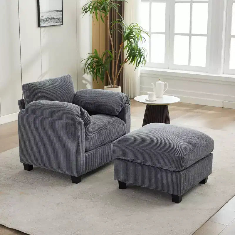HYLEORY Single Armchair with Ottoman, Modern Corduroy Cloud Couch with Convertible Chaise, Upholstered Sofa Set for Living Room and Office