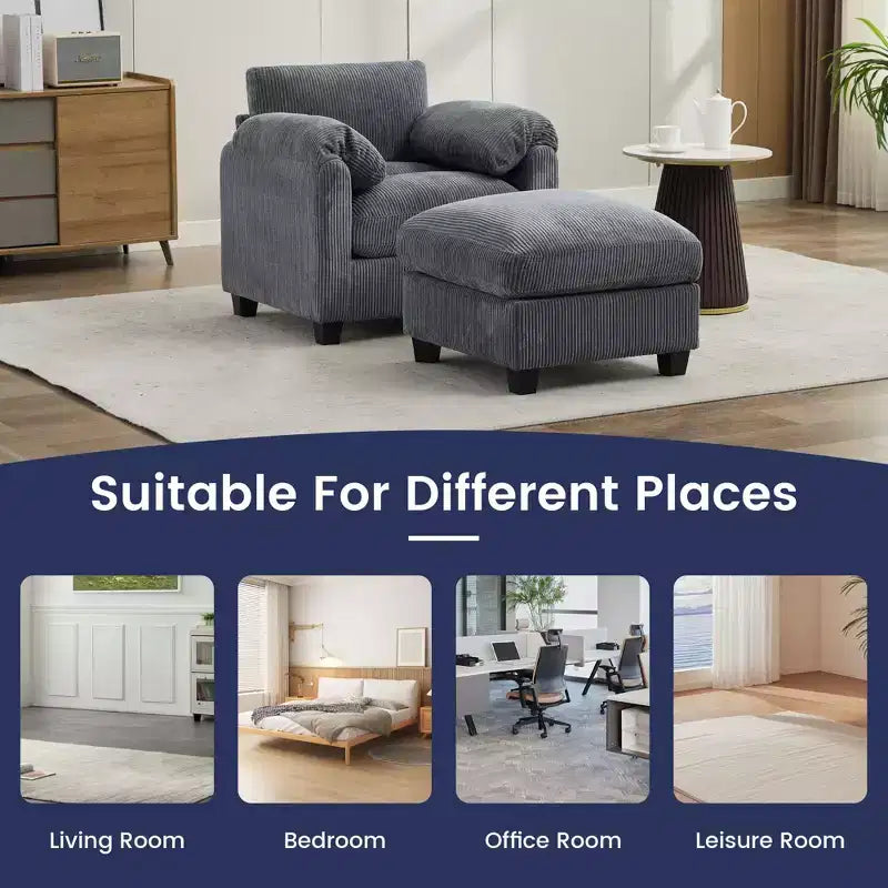 HYLEORY Single Armchair with Ottoman, Modern Corduroy Cloud Couch with Convertible Chaise, Upholstered Sofa Set for Living Room and Office