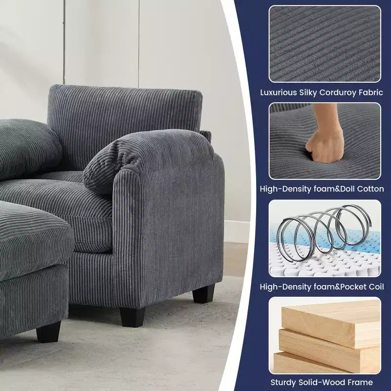 HYLEORY Single Armchair with Ottoman, Modern Corduroy Cloud Couch with Convertible Chaise, Upholstered Sofa Set for Living Room and Office