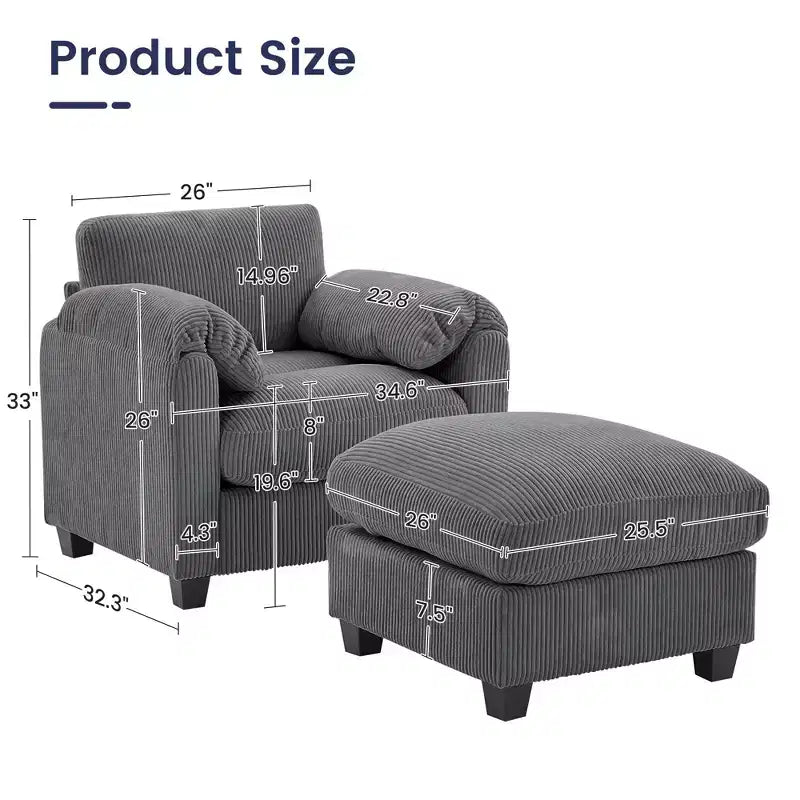 HYLEORY Single Armchair with Ottoman, Modern Corduroy Cloud Couch with Convertible Chaise, Upholstered Sofa Set for Living Room and Office