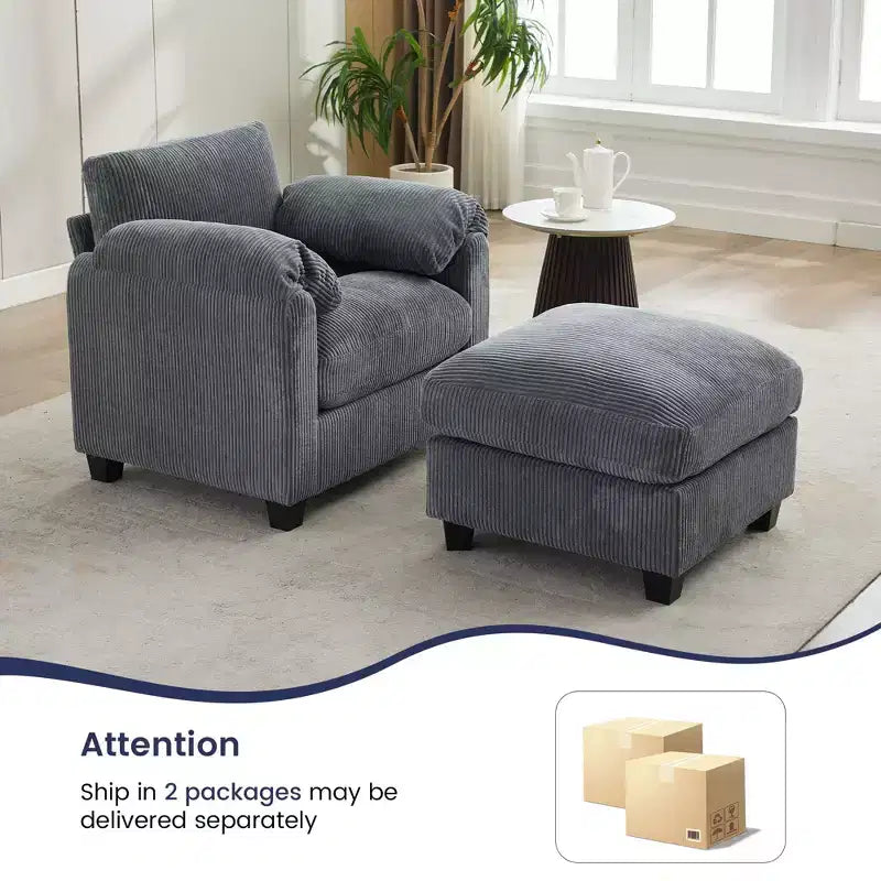 HYLEORY Single Armchair with Ottoman, Modern Corduroy Cloud Couch with Convertible Chaise, Upholstered Sofa Set for Living Room and Office