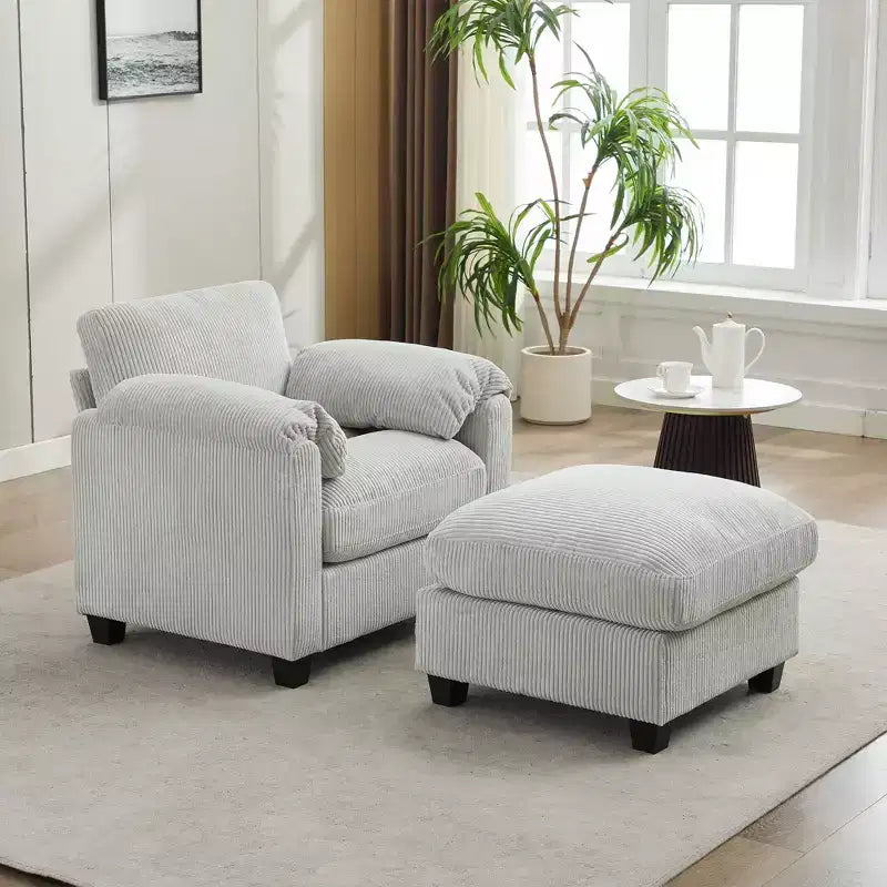 HYLEORY Single Armchair with Ottoman, Modern Corduroy Cloud Couch with Convertible Chaise, Upholstered Sofa Set for Living Room and Office