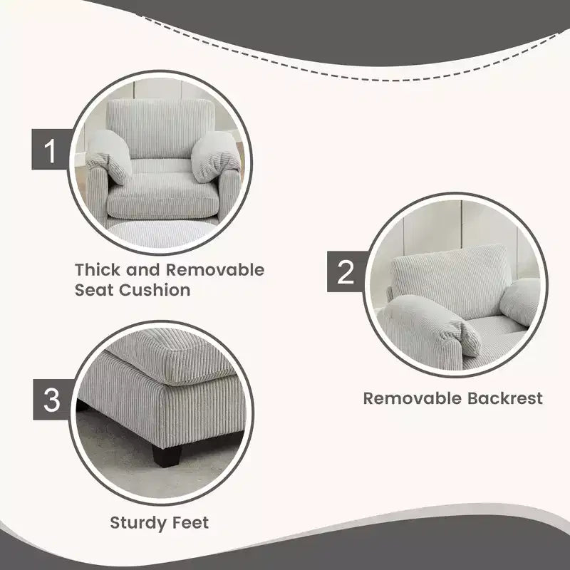 HYLEORY Single Armchair with Ottoman, Modern Corduroy Cloud Couch with Convertible Chaise, Upholstered Sofa Set for Living Room and Office