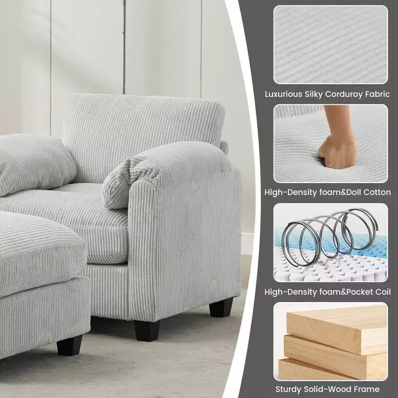 HYLEORY Single Armchair with Ottoman, Modern Corduroy Cloud Couch with Convertible Chaise, Upholstered Sofa Set for Living Room and Office