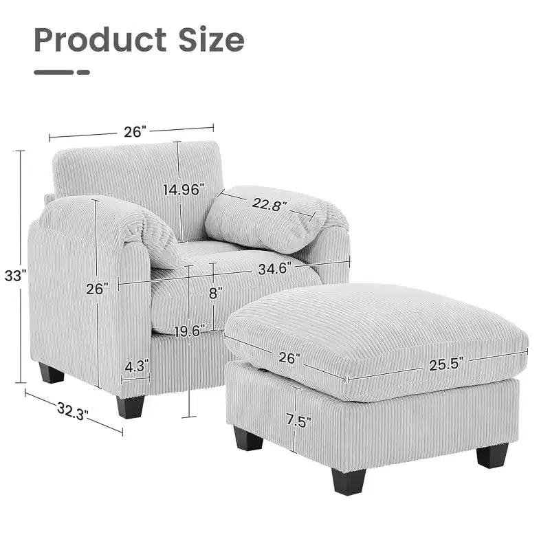 HYLEORY Single Armchair with Ottoman, Modern Corduroy Cloud Couch with Convertible Chaise, Upholstered Sofa Set for Living Room and Office