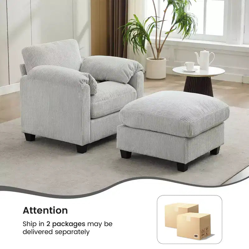 HYLEORY Single Armchair with Ottoman, Modern Corduroy Cloud Couch with Convertible Chaise, Upholstered Sofa Set for Living Room and Office