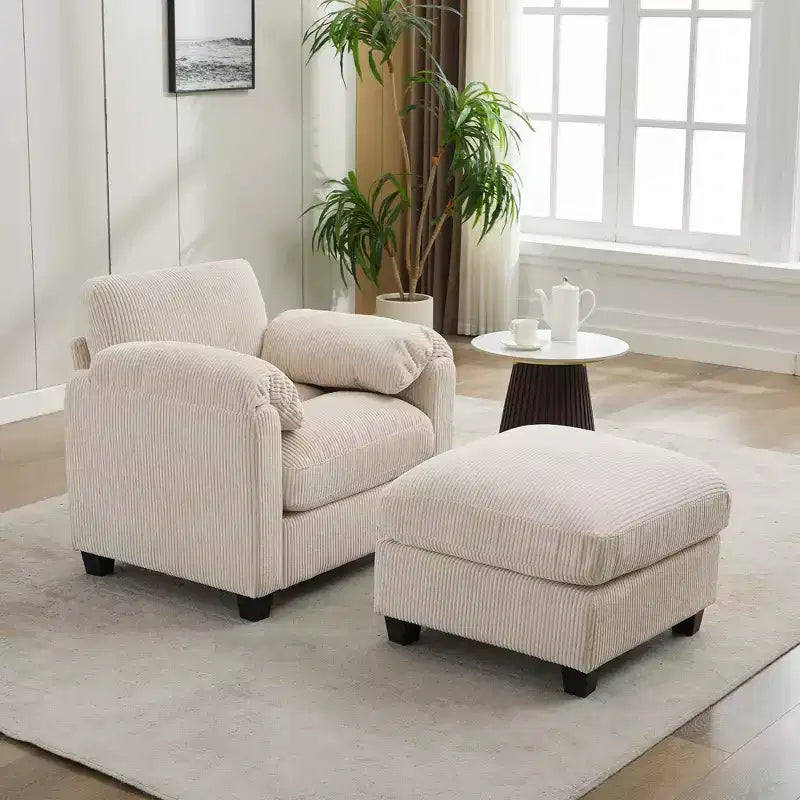 HYLEORY Single Armchair with Ottoman, Modern Corduroy Cloud Couch with Convertible Chaise, Upholstered Sofa Set for Living Room and Office