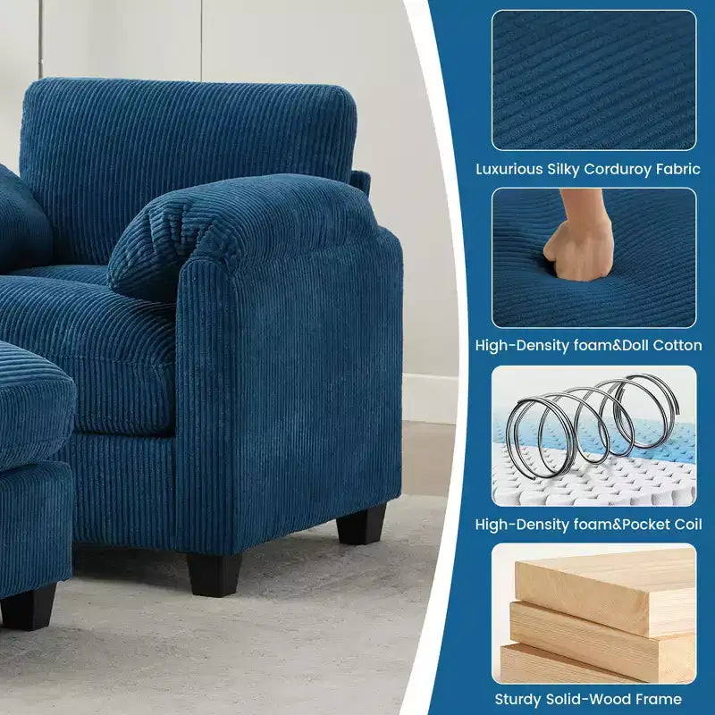HYLEORY Single Armchair with Ottoman, Modern Corduroy Cloud Couch with Convertible Chaise, Upholstered Sofa Set for Living Room and Office