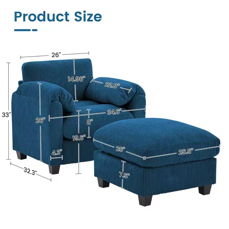 HYLEORY Single Armchair with Ottoman, Modern Corduroy Cloud Couch with Convertible Chaise, Upholstered Sofa Set for Living Room and Office