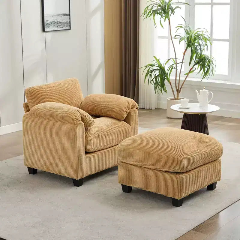 HYLEORY Single Armchair with Ottoman, Modern Corduroy Cloud Couch with Convertible Chaise, Upholstered Sofa Set for Living Room and Office