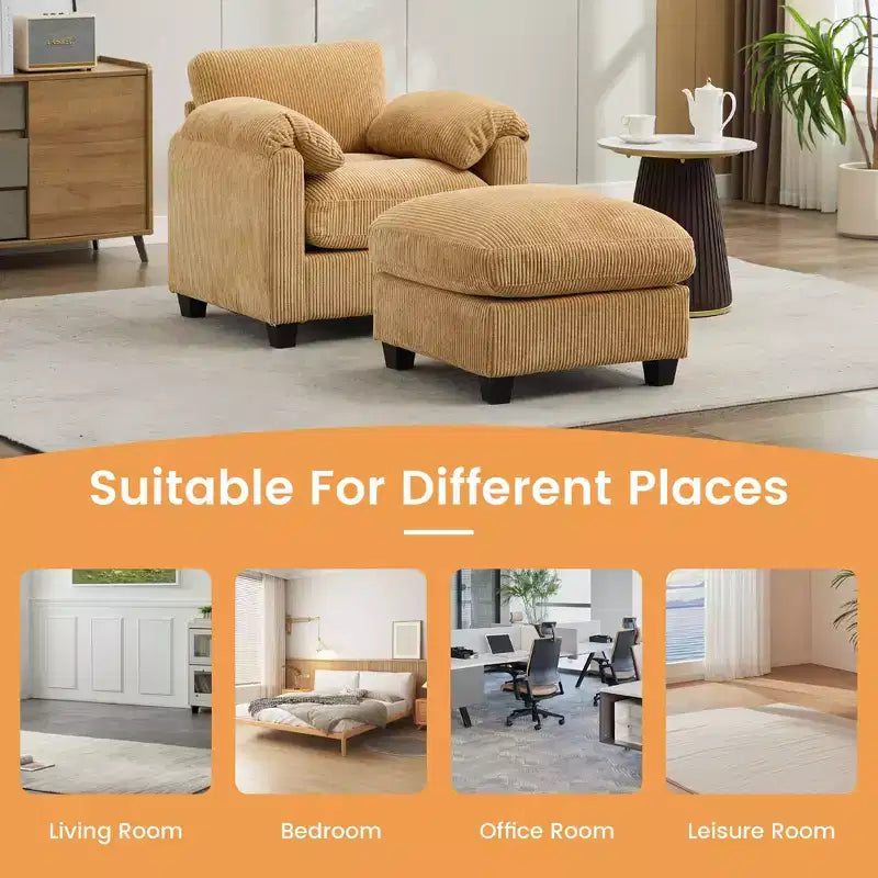HYLEORY Single Armchair with Ottoman, Modern Corduroy Cloud Couch with Convertible Chaise, Upholstered Sofa Set for Living Room and Office