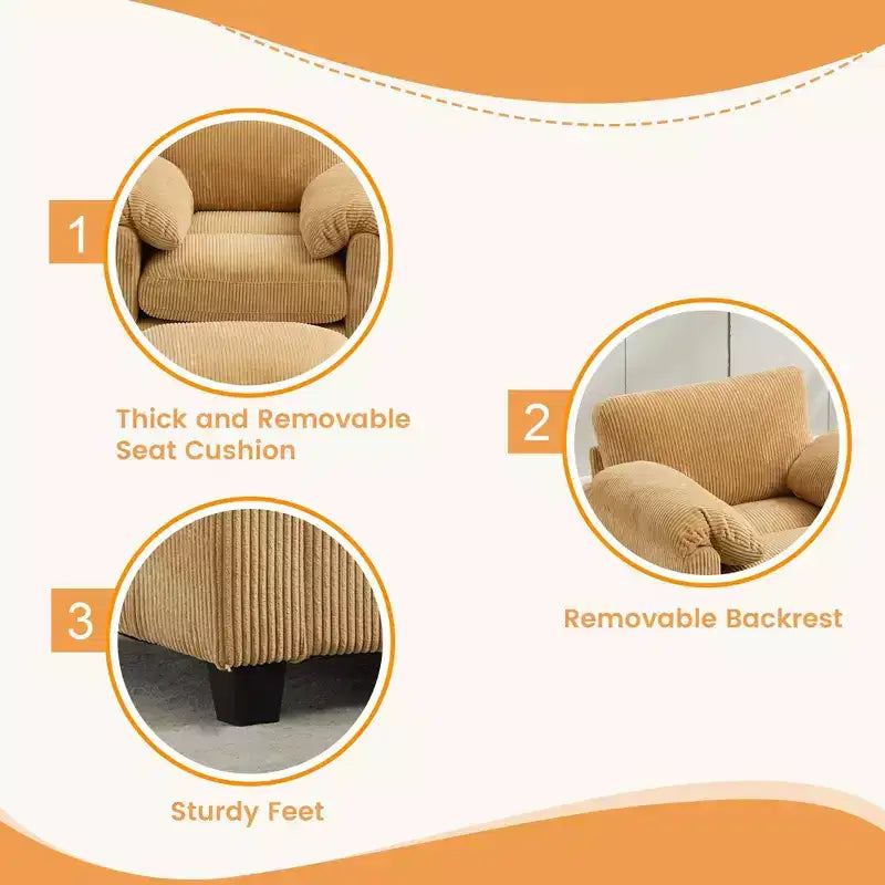 HYLEORY Single Armchair with Ottoman, Modern Corduroy Cloud Couch with Convertible Chaise, Upholstered Sofa Set for Living Room and Office