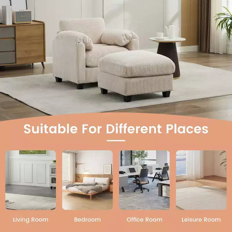HYLEORY Single Armchair with Ottoman, Modern Corduroy Cloud Couch with Convertible Chaise, Upholstered Sofa Set for Living Room and Office