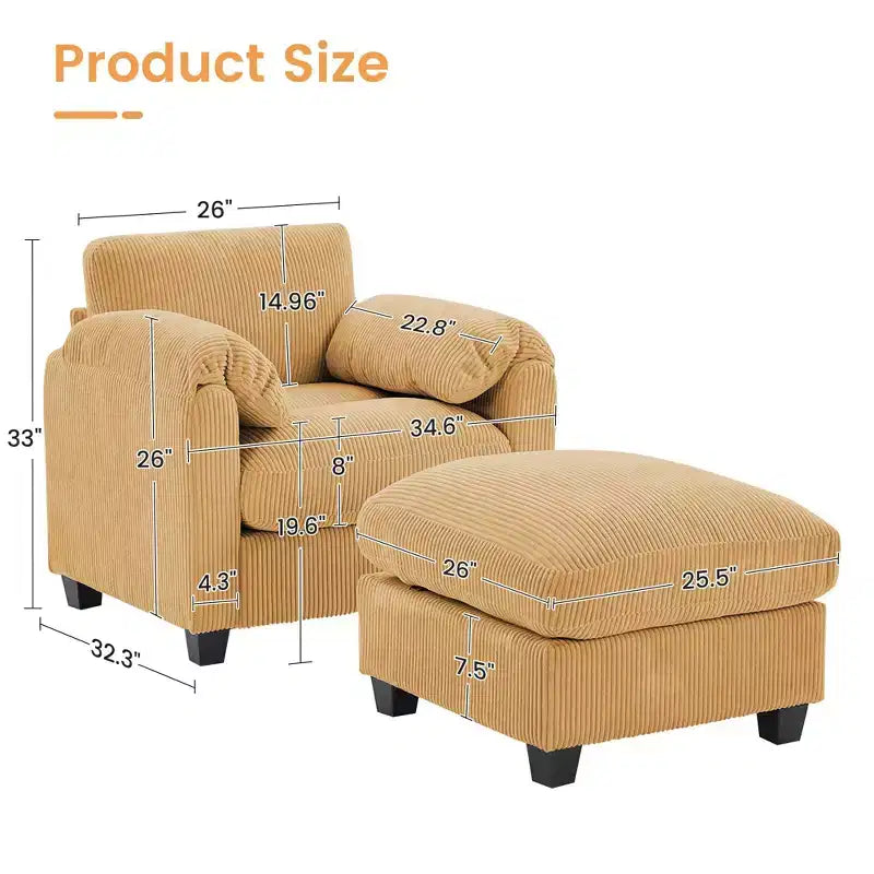 HYLEORY Single Armchair with Ottoman, Modern Corduroy Cloud Couch with Convertible Chaise, Upholstered Sofa Set for Living Room and Office