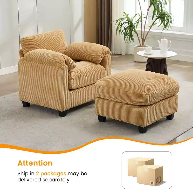 HYLEORY Single Armchair with Ottoman, Modern Corduroy Cloud Couch with Convertible Chaise, Upholstered Sofa Set for Living Room and Office