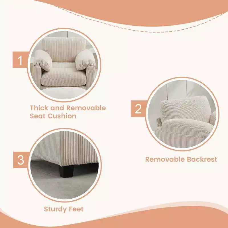 HYLEORY Single Armchair with Ottoman, Modern Corduroy Cloud Couch with Convertible Chaise, Upholstered Sofa Set for Living Room and Office