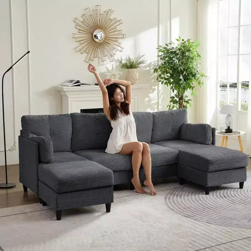 Mjkone 89 U Shaped Sectional Couches with 2 Ottomans,6-Seater Sofa
