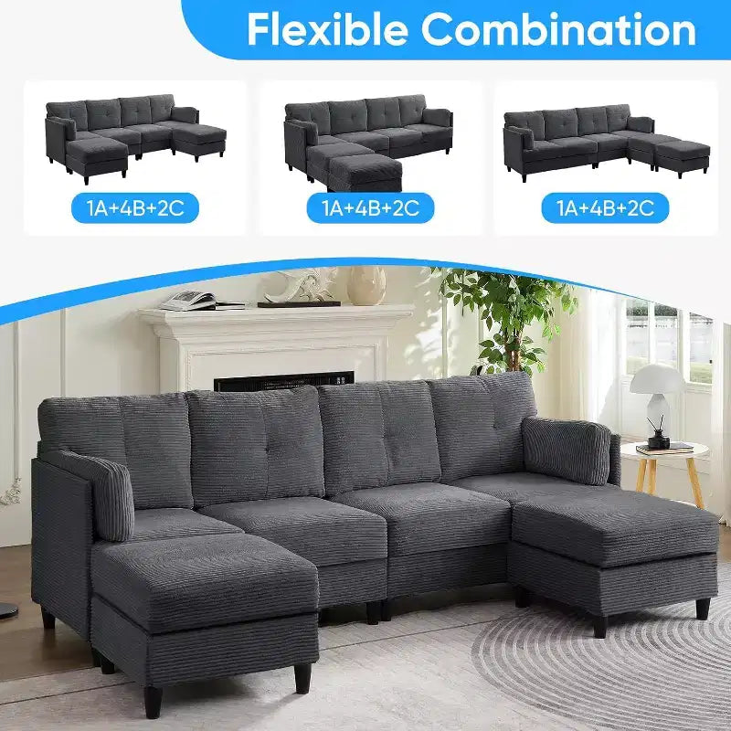 Mjkone 89 U Shaped Sectional Couches with 2 Ottomans,6-Seater Sofa