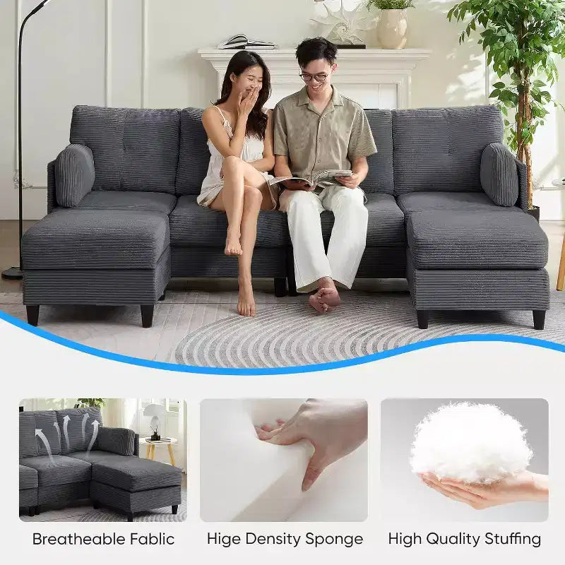 Mjkone 89 U Shaped Sectional Couches with 2 Ottomans,6-Seater Sofa
