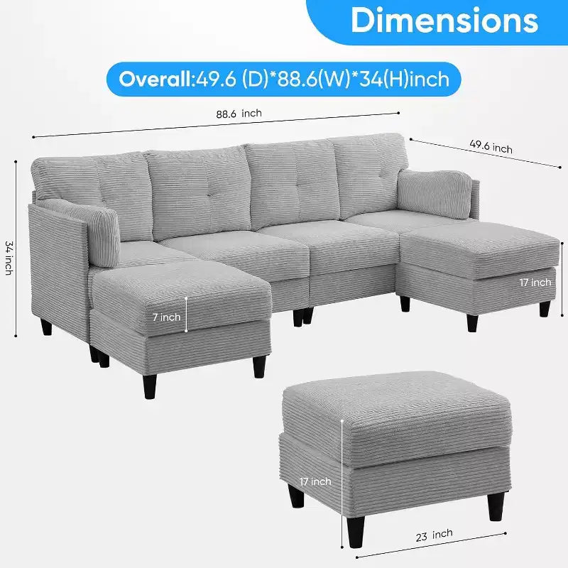Mjkone 89 U Shaped Sectional Couches with 2 Ottomans,6-Seater Sofa