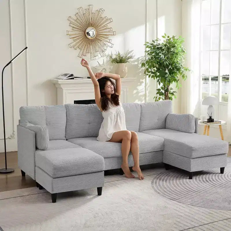 Mjkone 89 U Shaped Sectional Couches with 2 Ottomans,6-Seater Sofa
