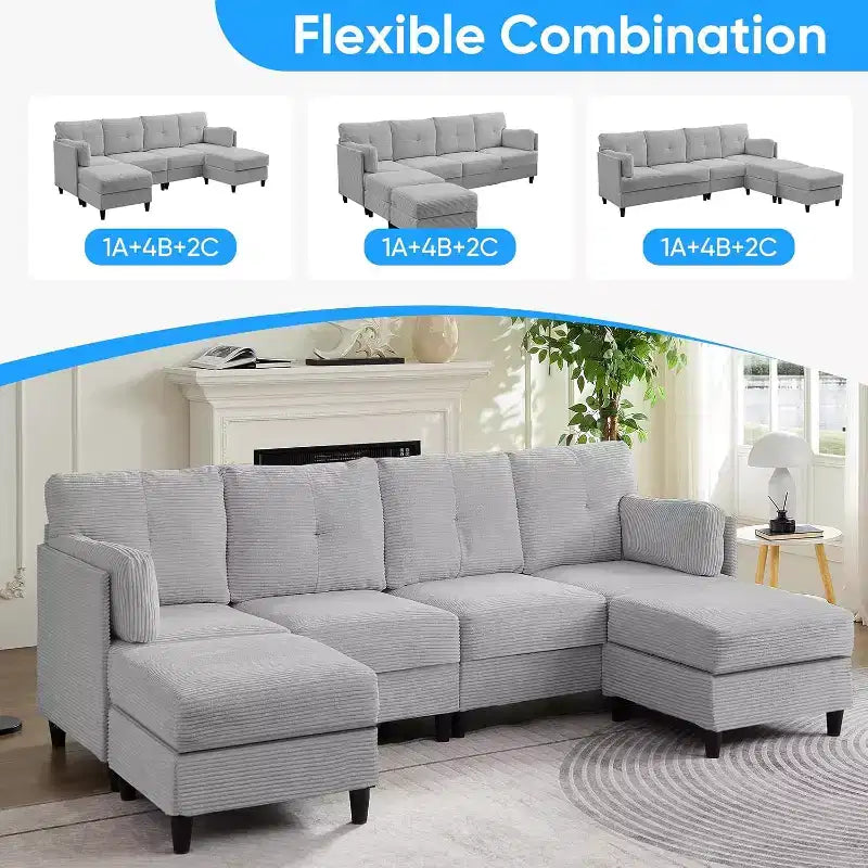 Mjkone 89 U Shaped Sectional Couches with 2 Ottomans,6-Seater Sofa