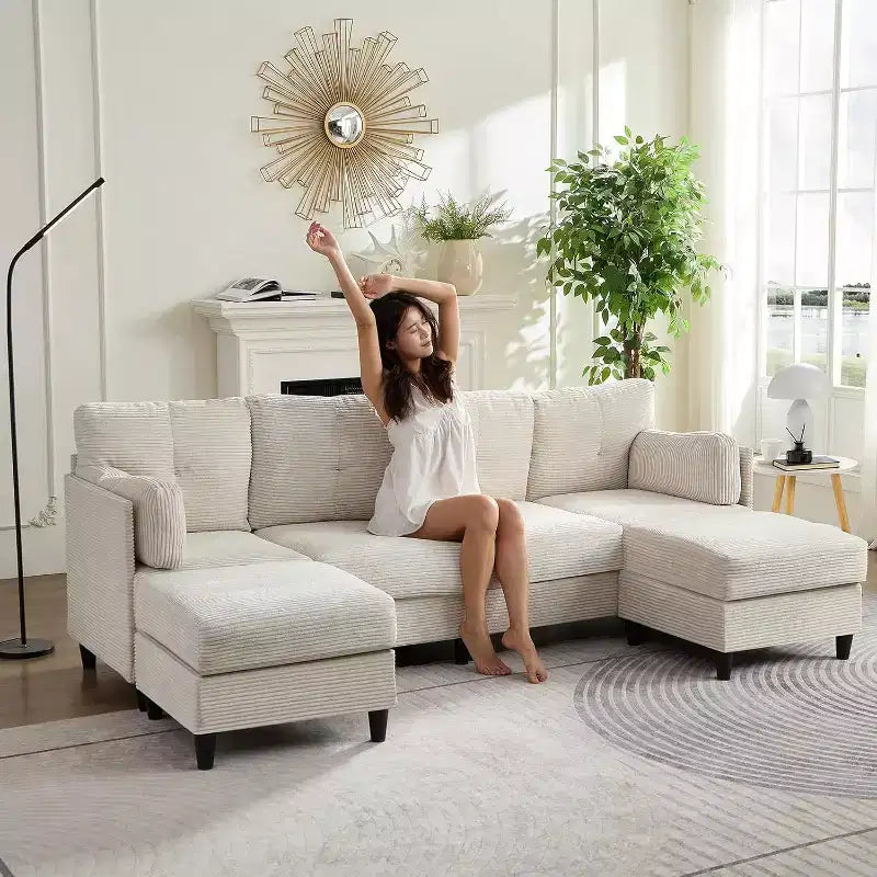 Mjkone 89 U Shaped Sectional Couches with 2 Ottomans,6-Seater Sofa